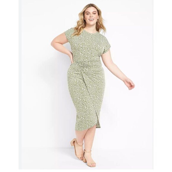 Lane Bryant NWT Women Size 22/24 Cap-Sleeve Wrap Midi Dress Leaves and Dots - Picture 1 of 11